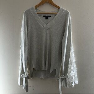 French Connection S Gray Knit Sweater Lace Sleeve Tie Cuff V Neck Top